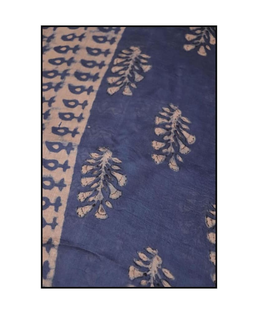 Kaisori Malhar - Dabu Light Indigo twig handblockprinted Silk Cotton saree view 2