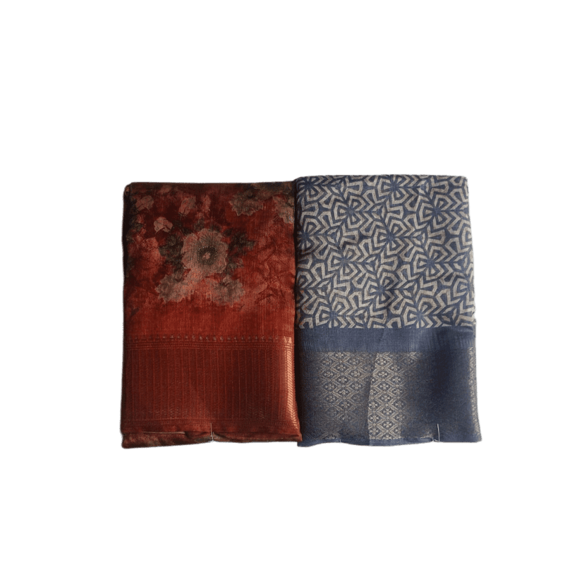 A Set of Two Beautiful Sarees: One in a Deep Red Floral Print and the Other in Blue with Geometric Motifs