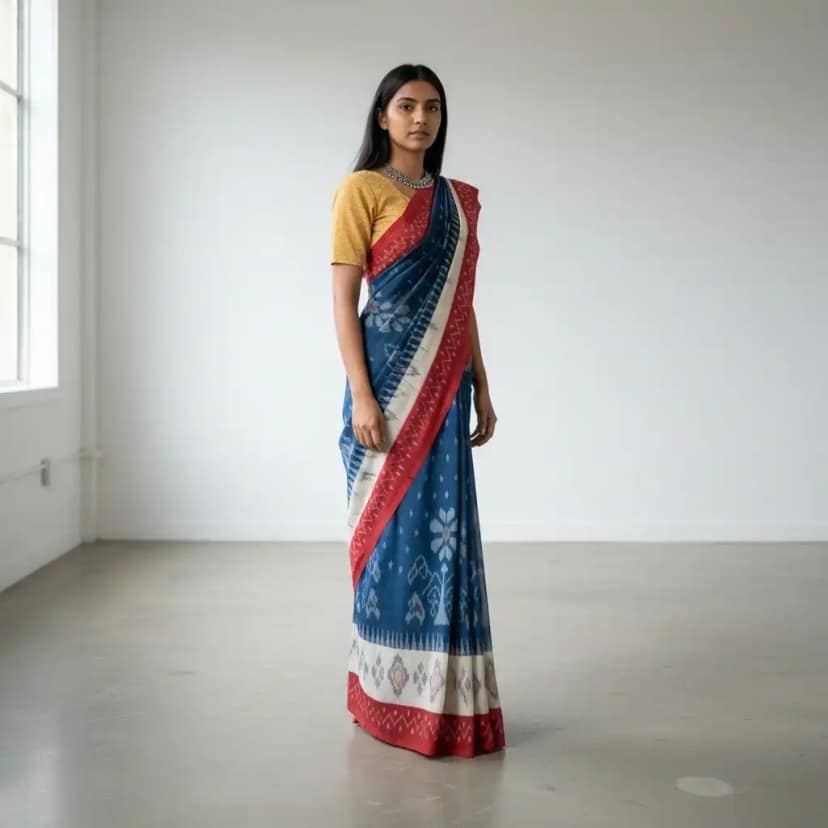 Pochampally Ikat Handloom Cotton Saree in Navy Blue and Red view 2