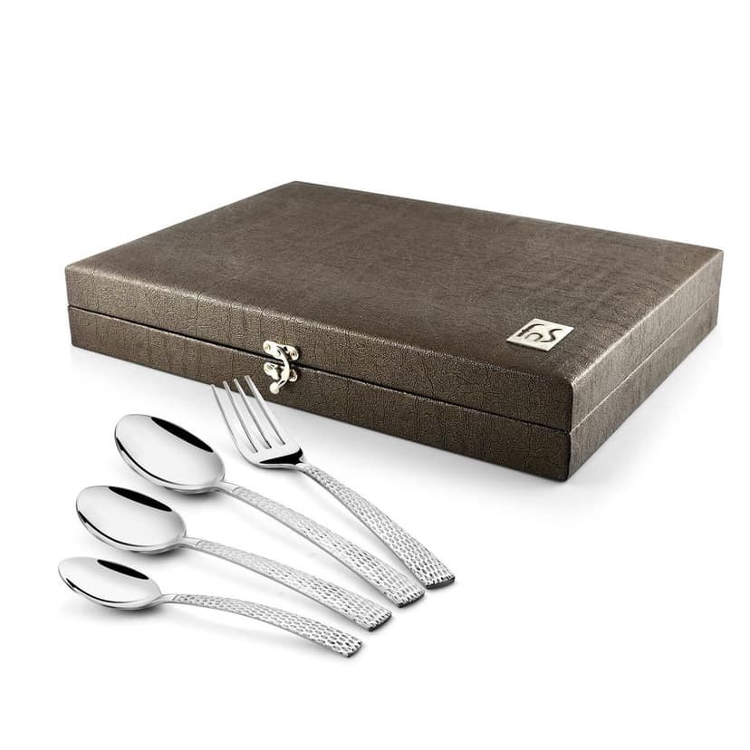 FnS Madrid Cutlery Set Hammer Finish on Handle with Box Packaging (6 Dinner Spoon, 6 Dinner Fork, 6 Teaspoon, 6 Baby Spoons) view 2