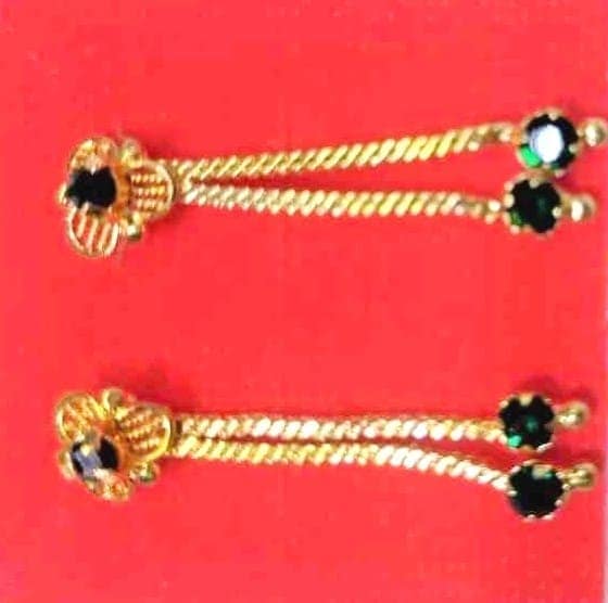 Plated Traditional Long Chain Drop Earrings with Green Stones for Women view 2