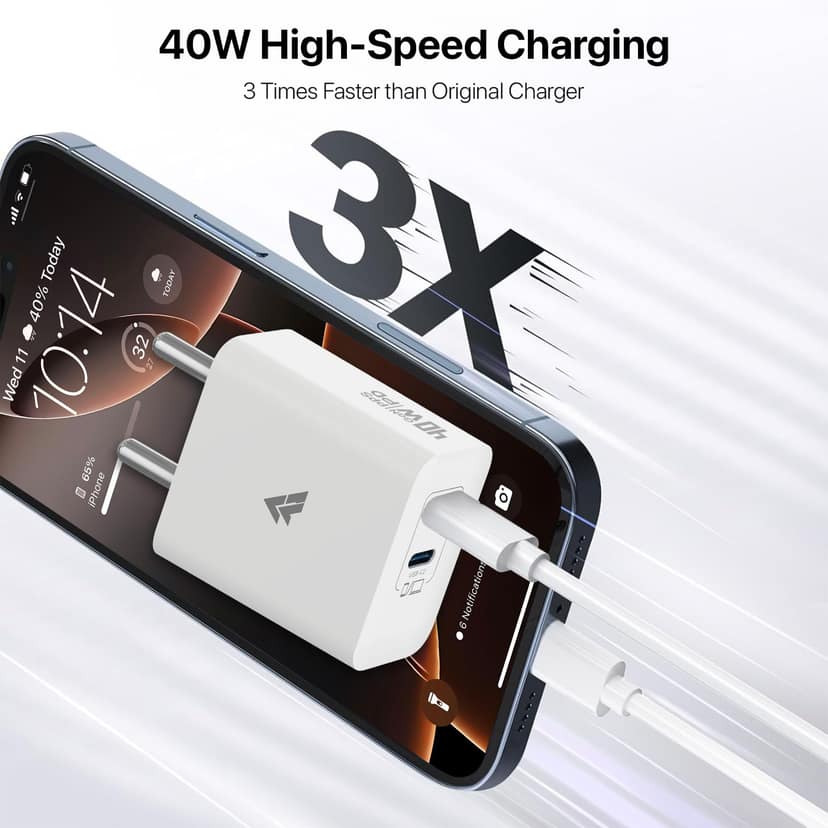 Dr Vaku 40W PD Dual Port GaN Charger Type C Adapter for iPhone 17/17 Air/17 Pro/Max, iPhone 16/16 Plus/16 Pro/16 Pro Max, 15/14/13/12 Series, Samsung & All Android Devices USB-C Fast Charger- White Dr Vaku 40W PD Dual Port GaN Charger Type C Adapter for view 2