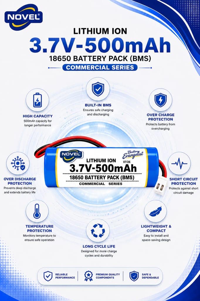 NOVEL 3.7V BMS 18650 LITHIUM ION SINGLE BATTERY WITH JST 2PIN - 500mAh view 2