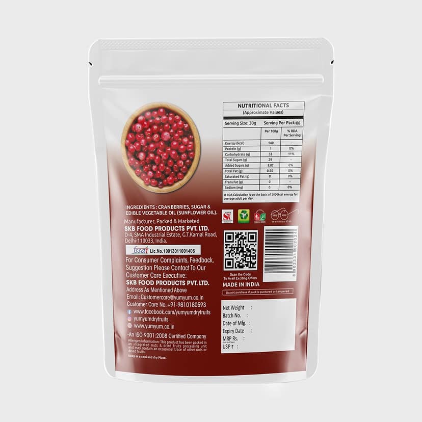YUM YUM Dried Cranberries Pouch Dry Fruits & Berries Healthy Snack - 200g view 2