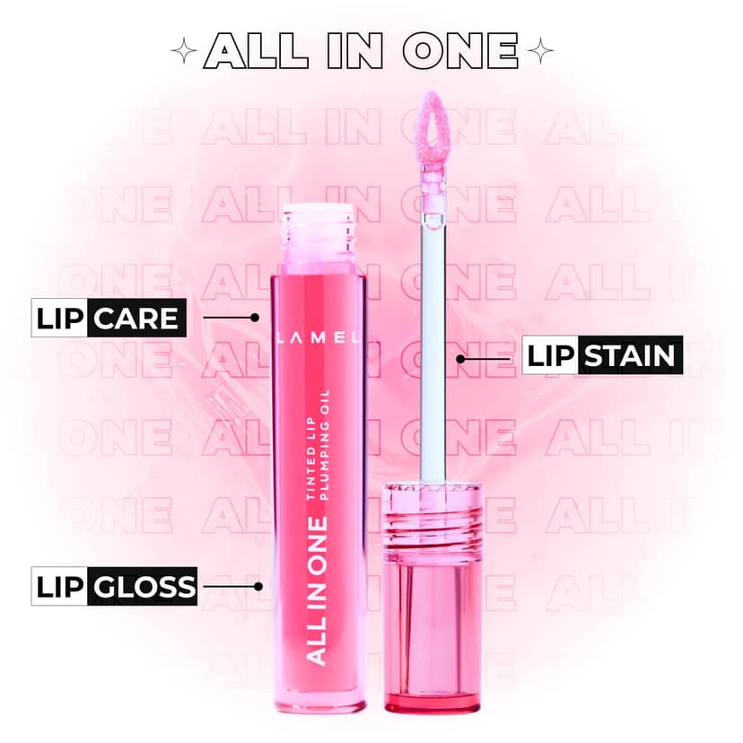 Lamel All In One Lip Tinted Plumping Oil- Pink sparkle, Lip Oil Tint for Pigmented Lips | Hydrating, Plumping & Glossy Lip Tint | Non-Sticky Lip Oil with Long-Lasting Tint | 3ml Lamel All In One Lip Tinted Plumping Oil- Pink sparkle, Lip Oil Tint for Pig view 2
