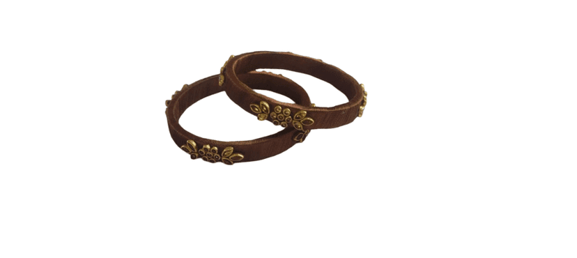 Elegant Brown Thread Bangles with Golden Floral Embellishments (Pair) view 2