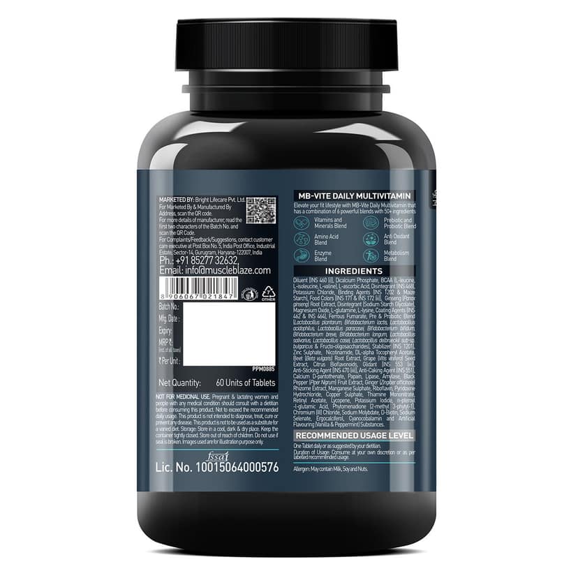 MuscleBlaze MB-Vite Daily Multivitamin (60 Tablets) With 51 Ingredients & 6 Blends, Vitamins & Minerals, Prebiotic & Probiotics, Amino Acid Blends view 2