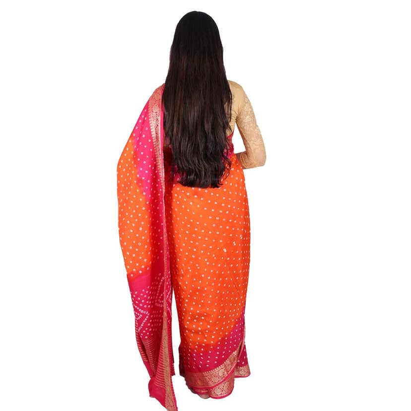 Tribes India Handwoven Orange and Neon Pink Bandhej saree view 2