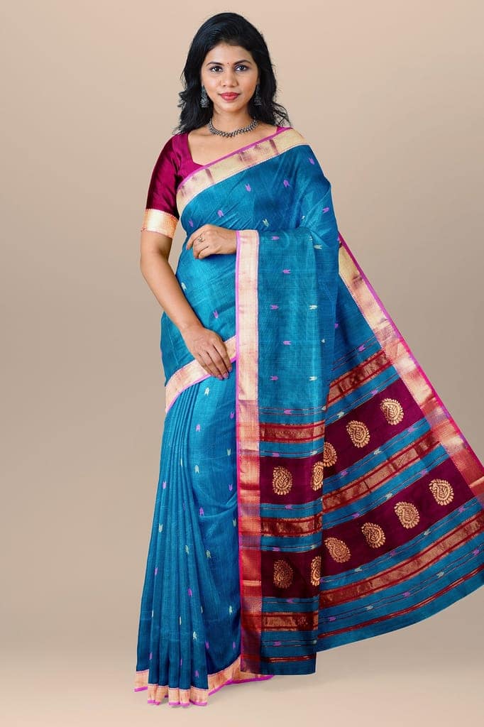 Blue Buti Handwoven Maheshwari Silk with Zari Border and Carry Buta Palla Saree SKU- BS10129