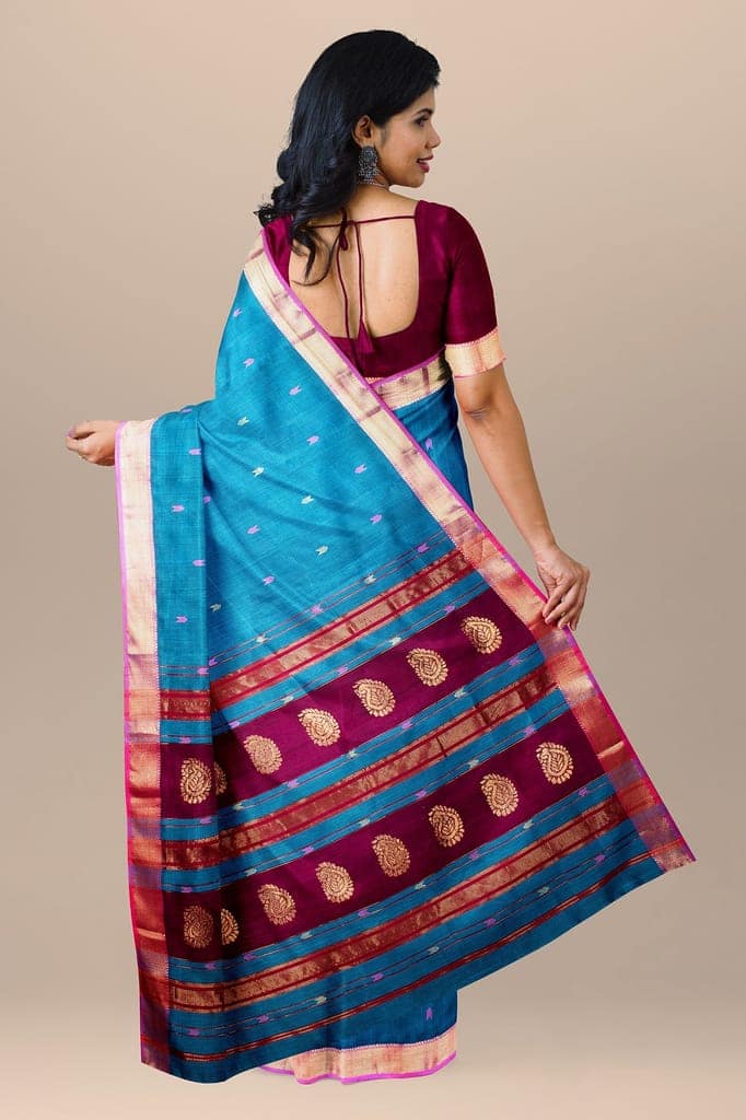 Blue Buti Handwoven Maheshwari Silk with Zari Border and Carry Buta Palla Saree SKU- BS10129 view 2