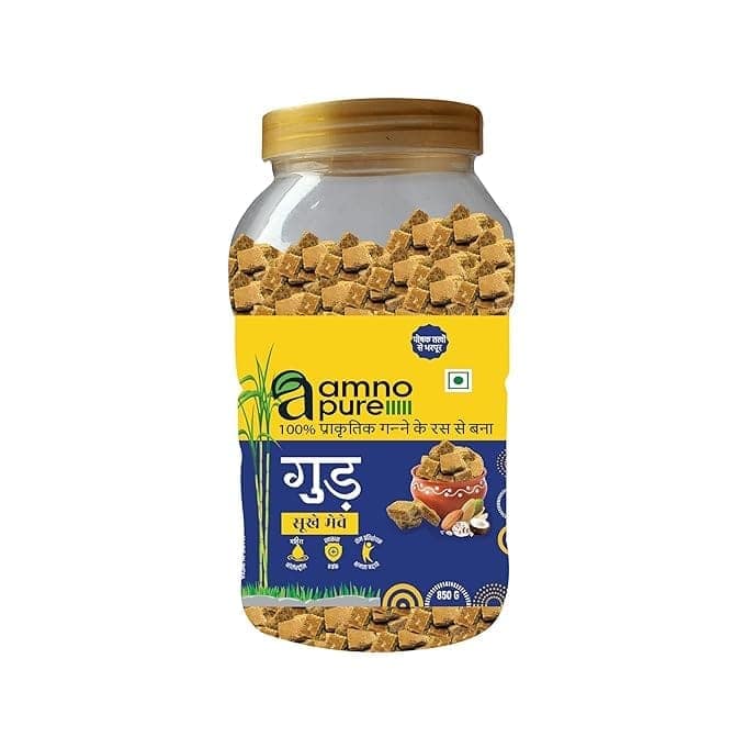 Amno Pure Natural Sugarcane Jaggery Dry Fruit 30G Square | Bheli, Bellam, Sarkkara, Gud, Gur, Cholestrol Free, 100% Natural - 850G Pet Jar view 2