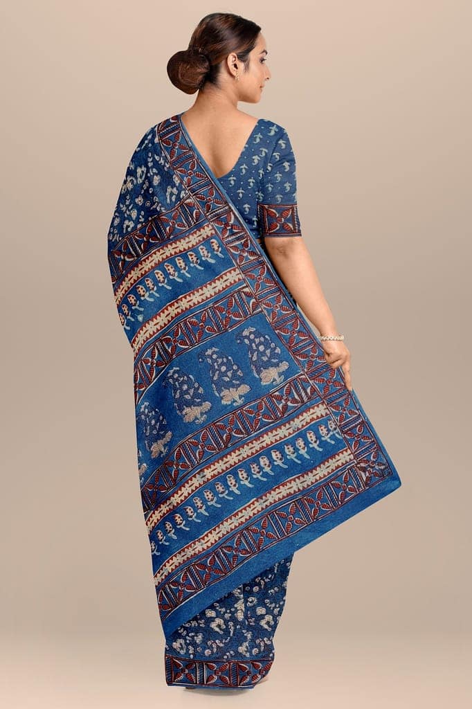 Nandana Indigo Dabu Malmal Cotton Saree With Floral Motifs SKU-BS10171 view 2