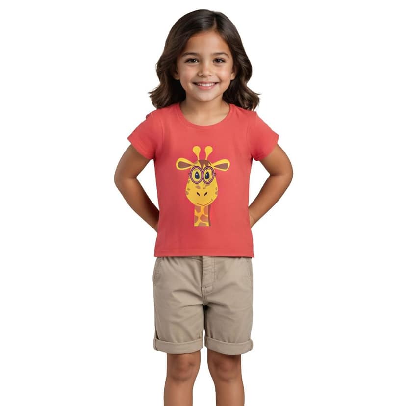 Girls T shirt Cotton Hibiscus Red Giraffe