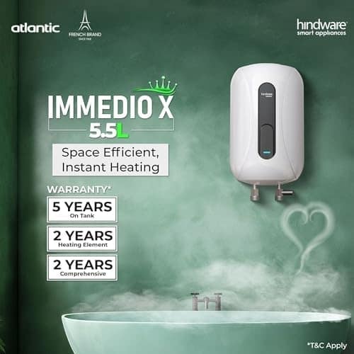 Hindware Smart Appliances Immedio x 5.5L Instant Water Geyser, High Grade Stainless-Steel Tank, I-Thermostat Feature & Pressure Release Valve - White & Black view 2