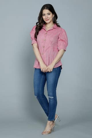 Women's Casual Solid Pink Shirt With Puff Sleeves