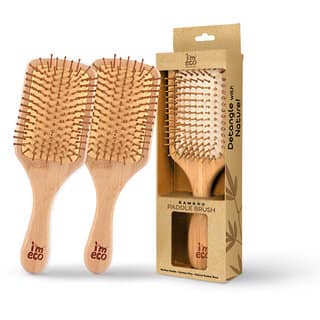 IMECO Bamboo Paddle Hair Brush Pack of 2, 100 Natural Wooden Comb, Detangling Scalp Massaging Brush