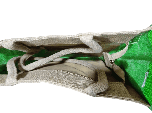 Stylish and Trendy Jute Bag with Colorful Geometric Print and Green Border view 2