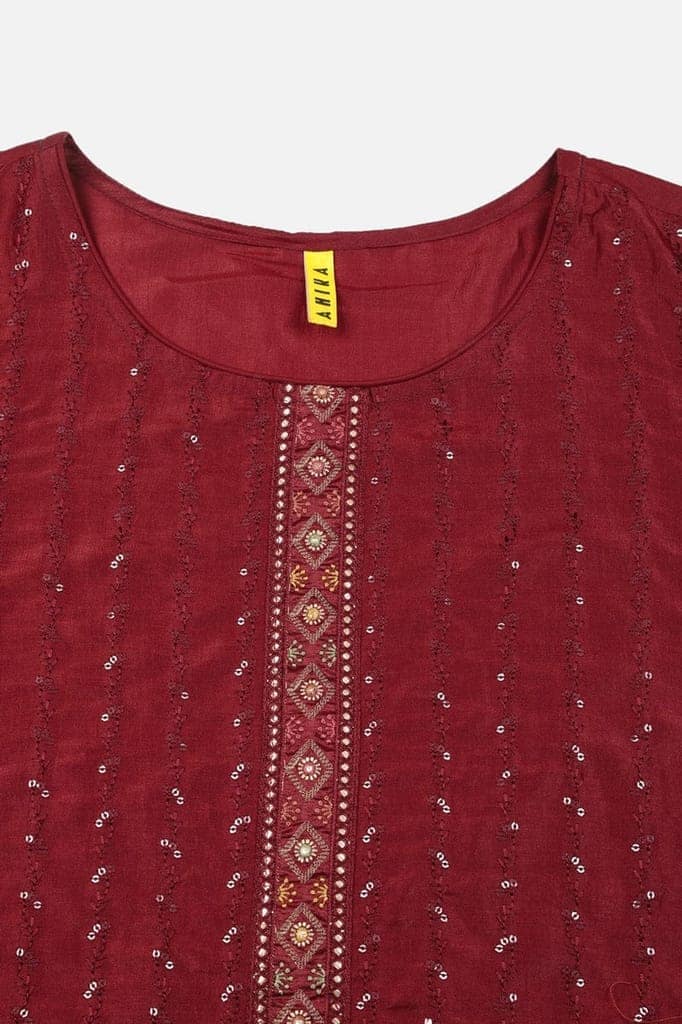 Maroon Silk Blend Straight Kurta Pant With Dupatta PKSKD1847 view 2