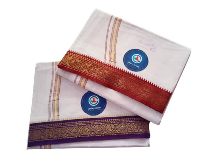 Jinka Lakshmi Collections Handloom White Cotton Dhoti With Big Borders 4 Meters Unstitched Pack of 2 (Multicolor-4) view 2