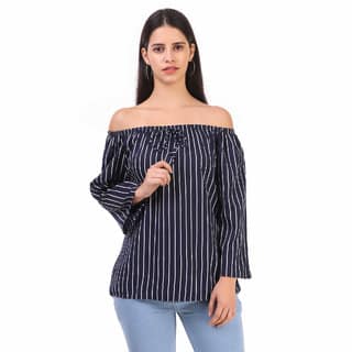 Revexo Women Navy Striped off Shoulder Regular fit Top