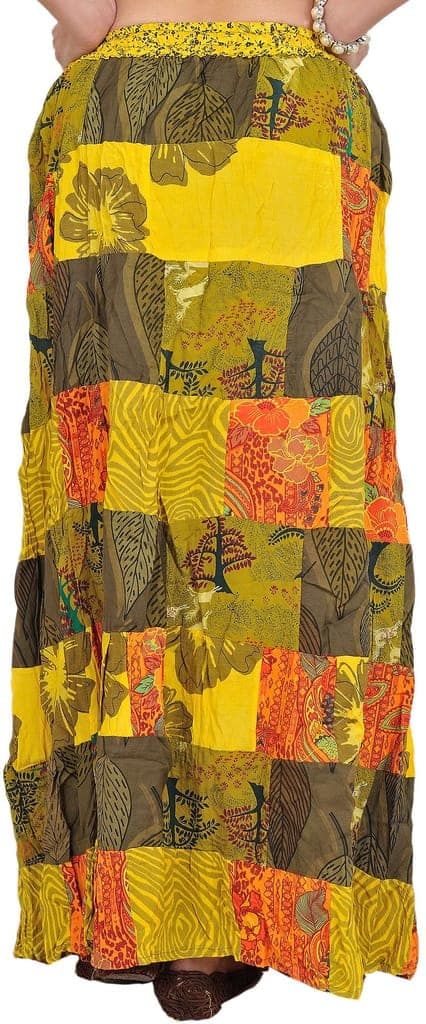 Yellow Printed Long Boho Skirt from Gujarat with Patch Work view 2