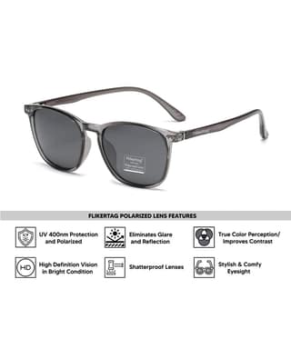 Flikertag Polarized Sunglasses With UV Protection For Men & Women | HD Vision with Grey Lens [FTS 561 F3 Square/Wayfarer Shiny Grey Frame with Smoke lens, 54mm]