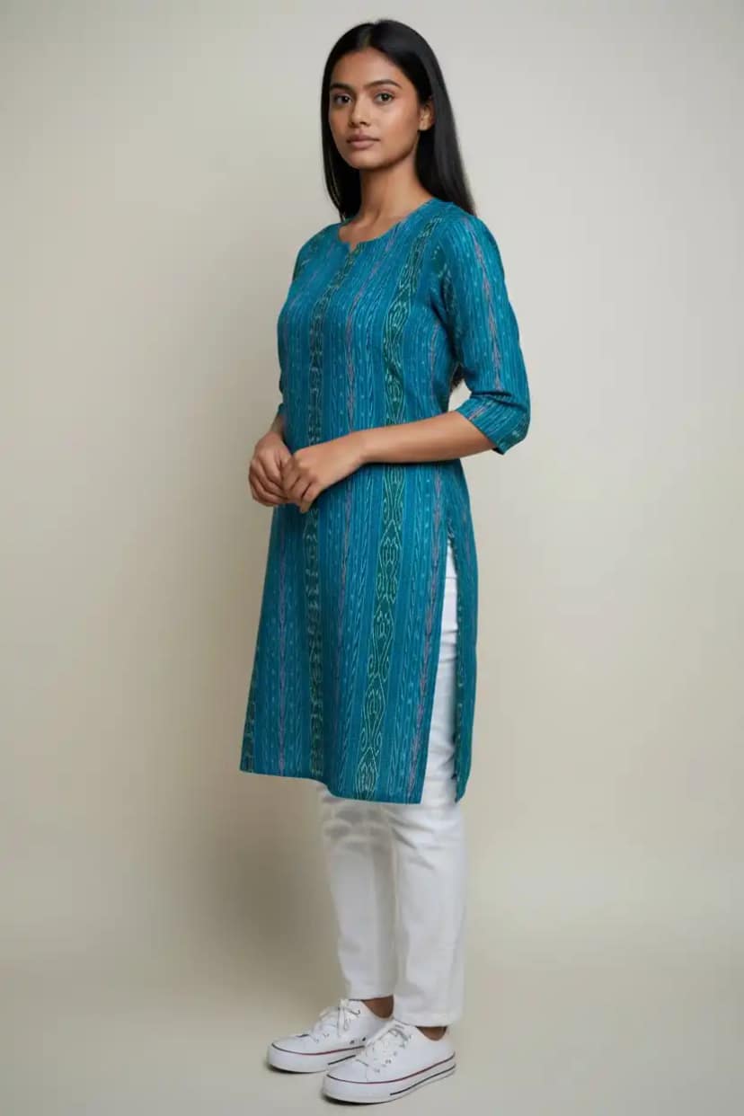 Handwoven Sambalpuri Cotton Kurti in Blue with Bandha Tie-Dye