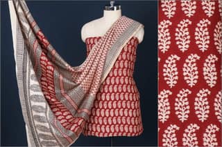 Suit 3 Piece Bagh Print Red Silk Cotton Chanderi