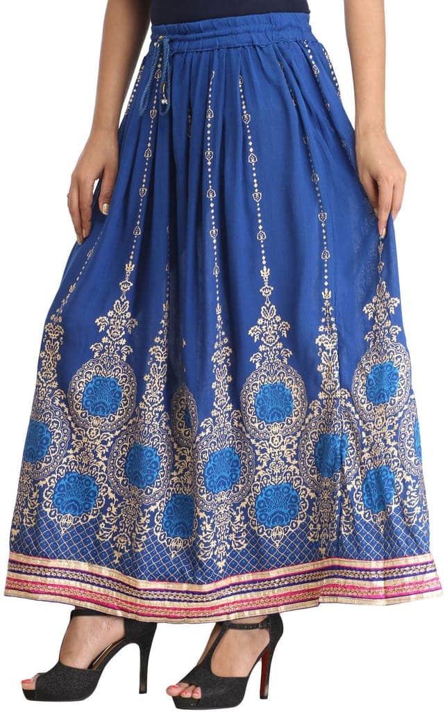 Classic-Blue Embellished Long Skirt with Golden Print and Embroidered Patch Border view 2