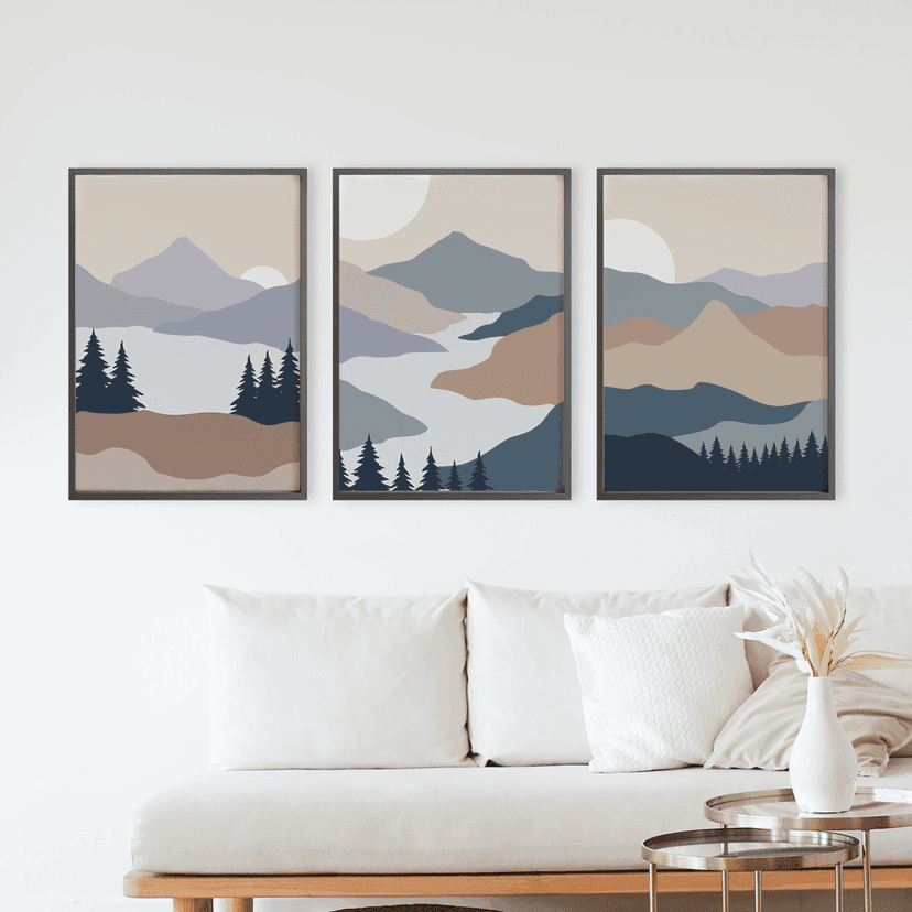 Rustic Charm Set of 3 Abstract Landscape Wall Art for Living room, Office and Hotel | Mountains River|13 x 18 inches (A3)|Black view 2