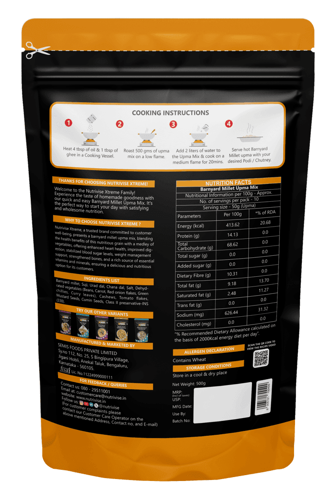 Nutrivise Xtreme Instant Mix:Barnyard Millet Upma Mix|Instant Cook|Low GI|Rich in Protein & Fiber|500g (Pack of 1) view 2