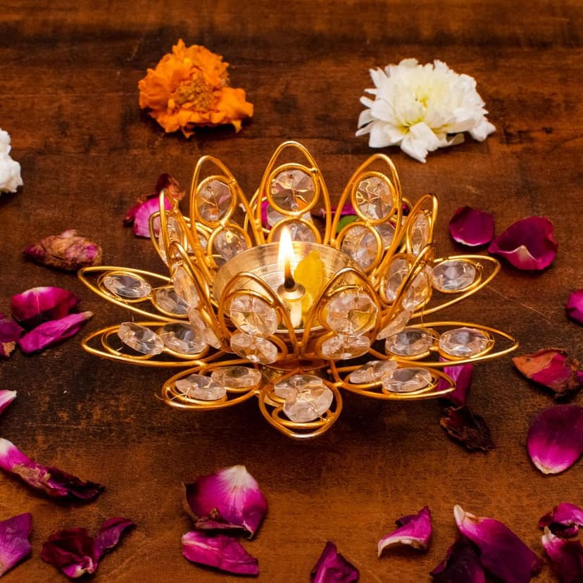 Craftlayout Crystal Lotus Diya, Golden 2.5 Inch
