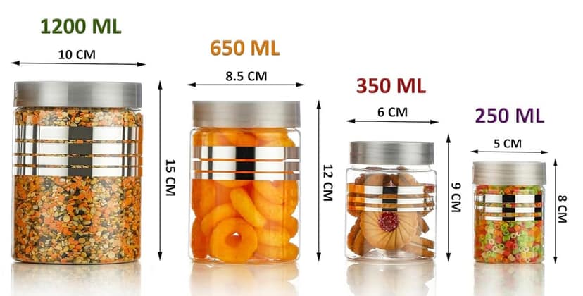 Plastic Pet Storage Jars and Containers, Set of 24 (6 pcs x 250ml, 6 pcs x350ml, 6pcs x 650ml, 6 pcs x 1200ml) with Spoon Air Tight | Kitchen Organiser Improved Model Silver Line Printed view 2