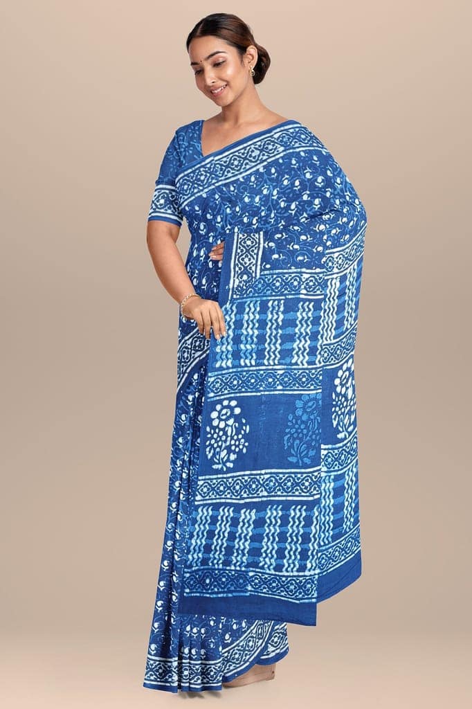 Indigo Floral Pattern Hand Block Print Daboo Malmal Cotton Saree SKU-BS10164 view 2