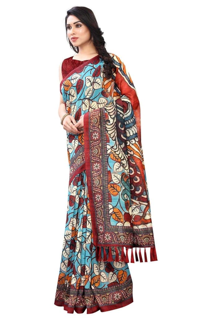 Silk Zone Women's Ajrakh Kalamkari Chanderi Cotton Digital Printed Tassel Saree with Blouse Piece view 2