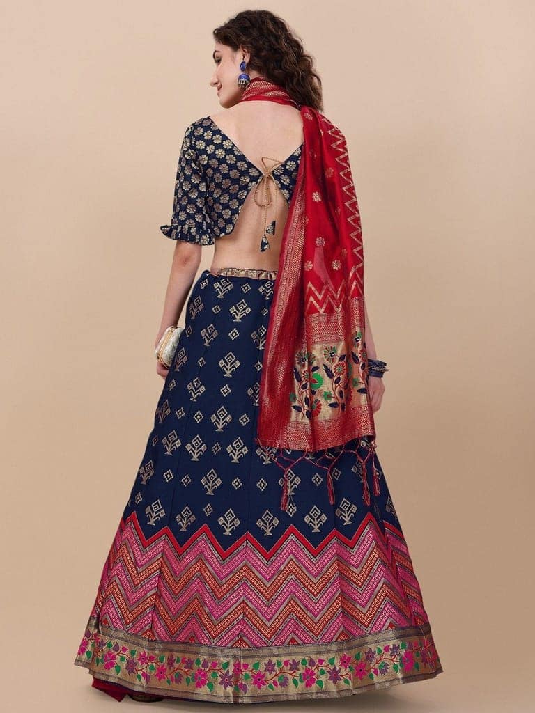 Blue Brocade Fabric Lehenga & Unstitched Blouse With Dupatta view 2