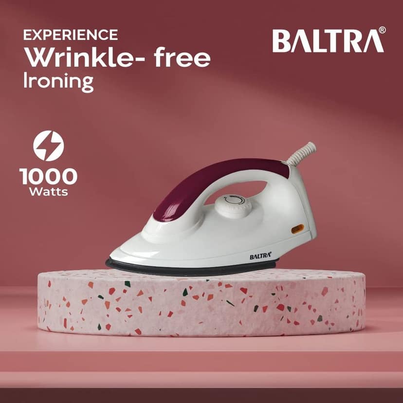 BALTRA Smooth+Dry Iron Press 1000 Watt | Variable Temperature Control, Cool Touch Body, Light Weight, Easy Handle Grip, Cotton Braided Swivel Cord & Experience Wrinkle Free Ironing (Maroon) view 2