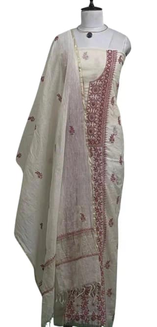 Chikankari Mul Chanderi Dress Material Ivory Rose Red Floral