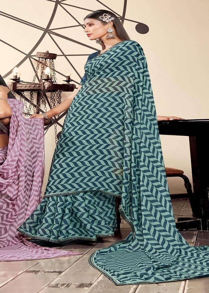 Digital Printed Georgette Saree in Sea Green and Teal Blue view 2