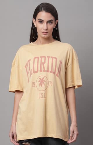 Women's Beige Graphic Oversized T-Shirts