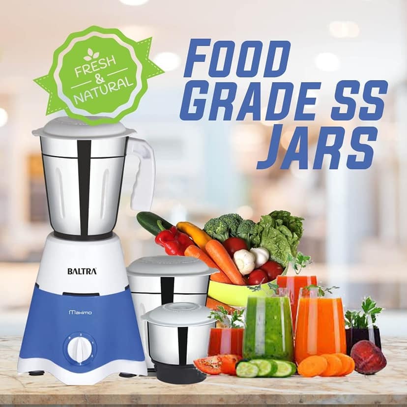 Baltra Maximo 500Watt Mixer Grinder 3 Stainless Steel Jars(Turquoise Blue & White)(ISI Certified, 2year warranty with Doorstep Service) view 2