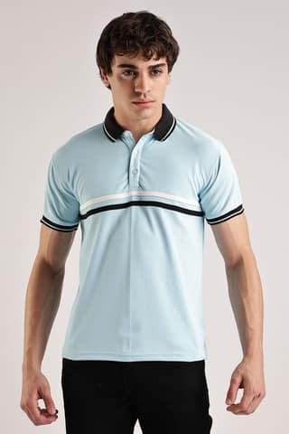Polyester Sky Blue Striped Polo