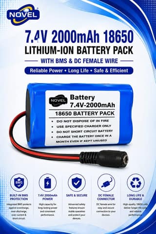NOVEL 11.1V - 12V 18650 BMS LITHIUM ION BATTERY PACK WITH DC MALE + FEMALE- 2000mAh