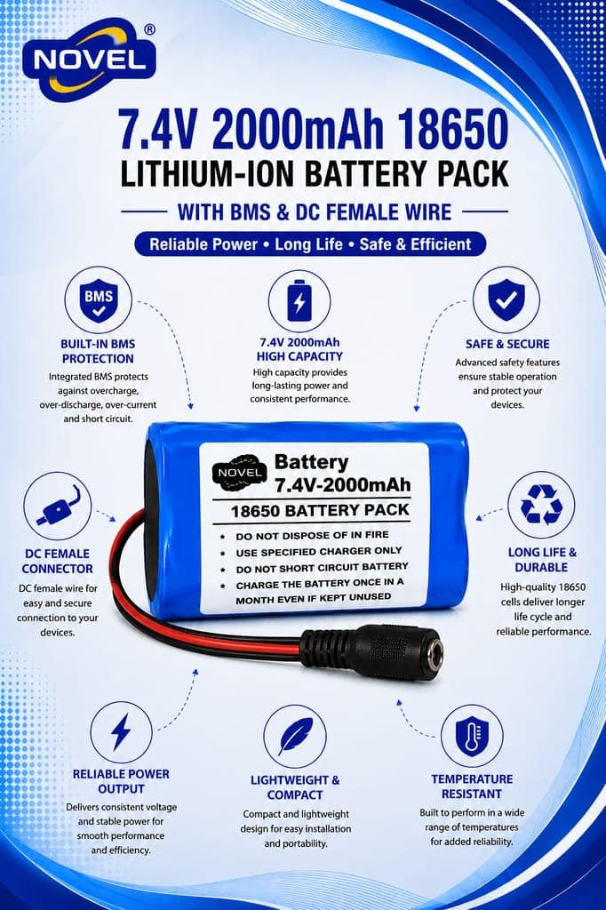 NOVEL 11.1V - 12V 18650 BMS LITHIUM ION BATTERY PACK WITH DC MALE + FEMALE- 2000mAh view 2