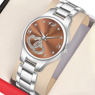 Brown Double Heart Dial Metal Silver Analog Watch For Women, Girls