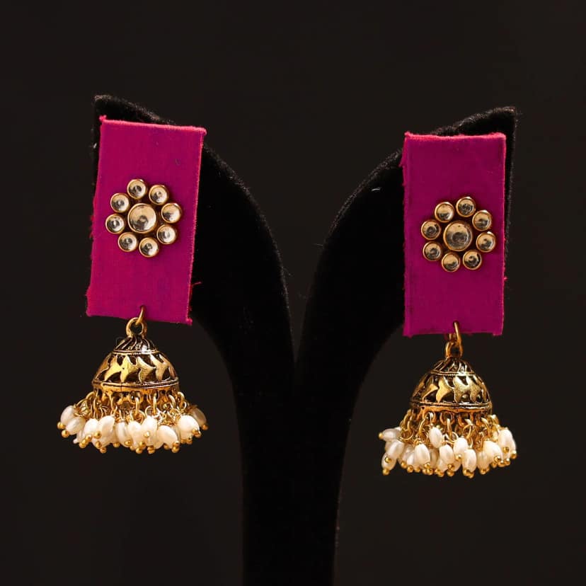Pink - Anvika Stone Work Fabart GS Jhumka Earrings