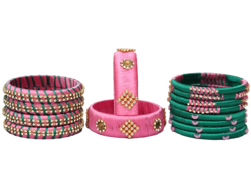 BENIWAL COLLECTION Handmade Kundan Silk Thread Bangles Set ,Latest Beautiful Churiya for Ladies and girls Party and Casual Wear Green & Pink (Set of 14) view 2