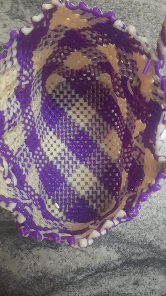 Purple and White Handwoven Plastic Wire Bag
