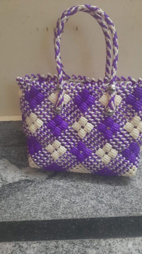 Purple and White Handwoven Plastic Wire Bag view 2