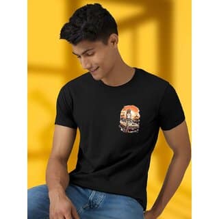 Casualbud BLACK Polyester Printed Regular Fit Tshirt for Men
